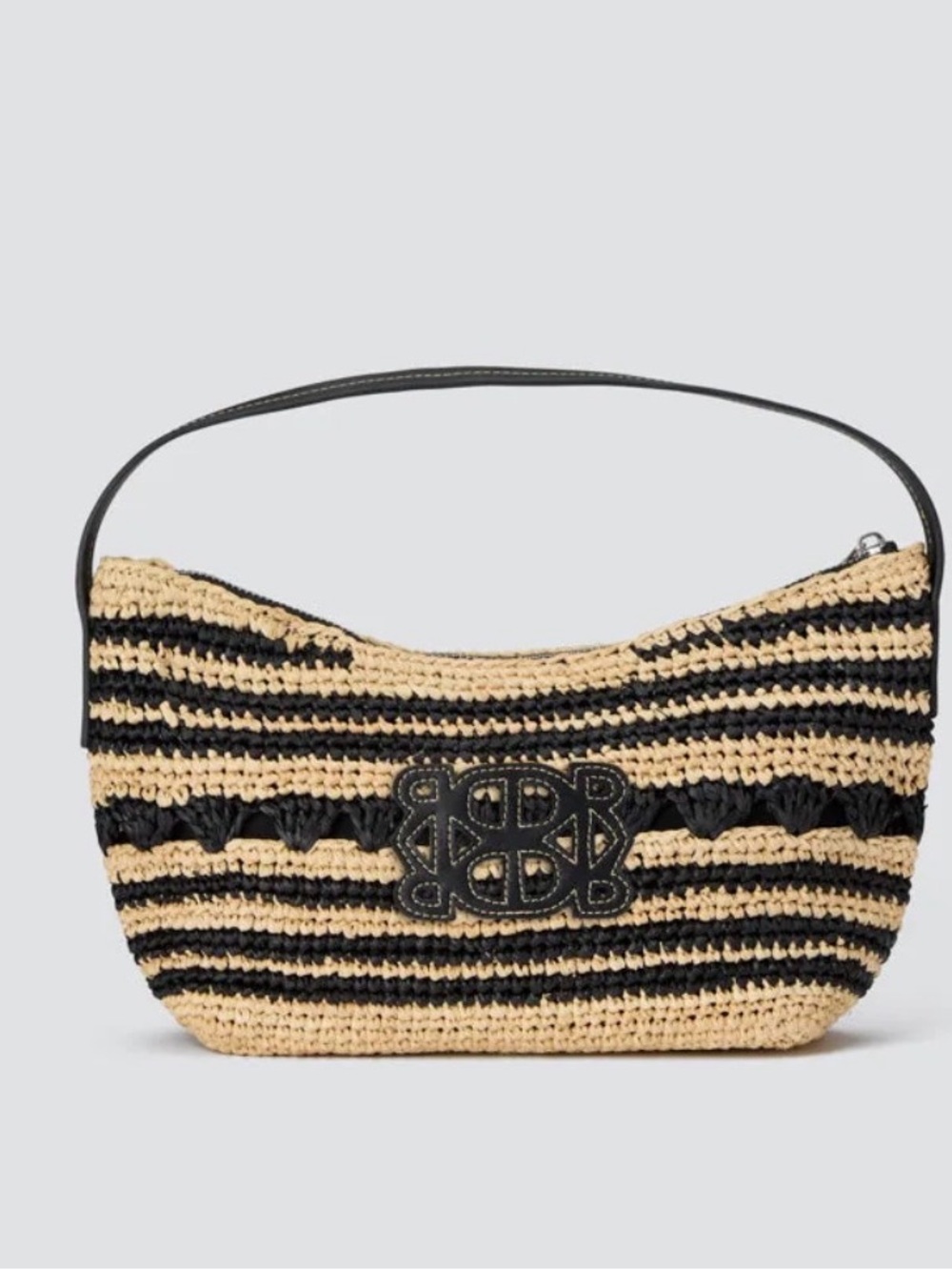 Striped Natural and Black Raffia Shoulder Bag with Leather Trim